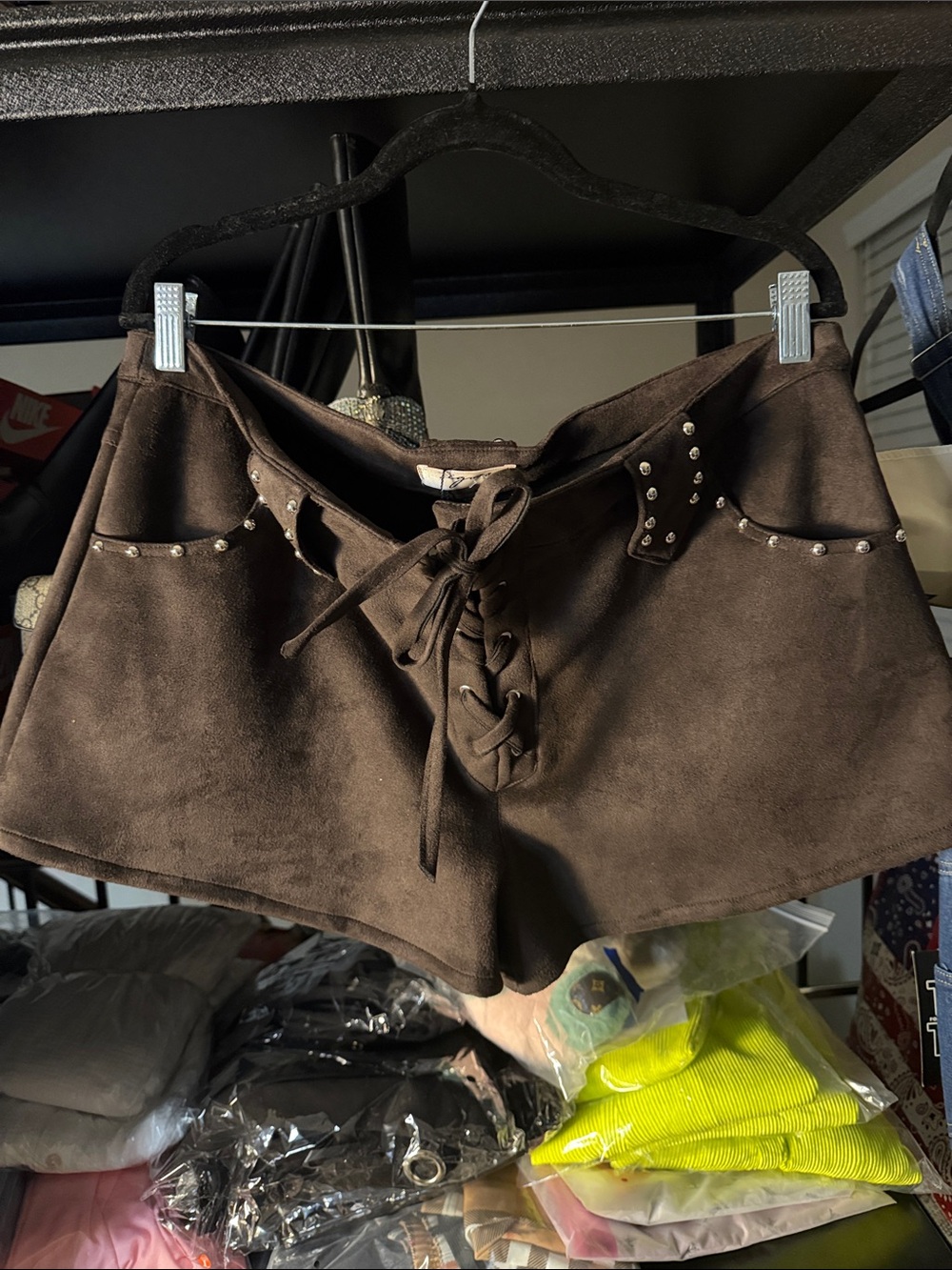 Vigoss Brown Suede Lace-Up Studded Shorts